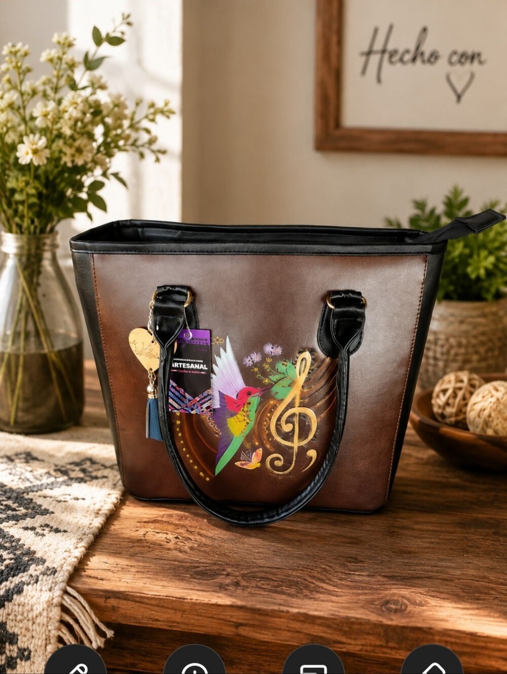Hand Painted Hummingbird Leather Handbag